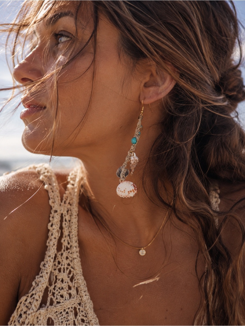 Bohemian Turquoise Bead Shell Drop Hemp Ophelia Earrings